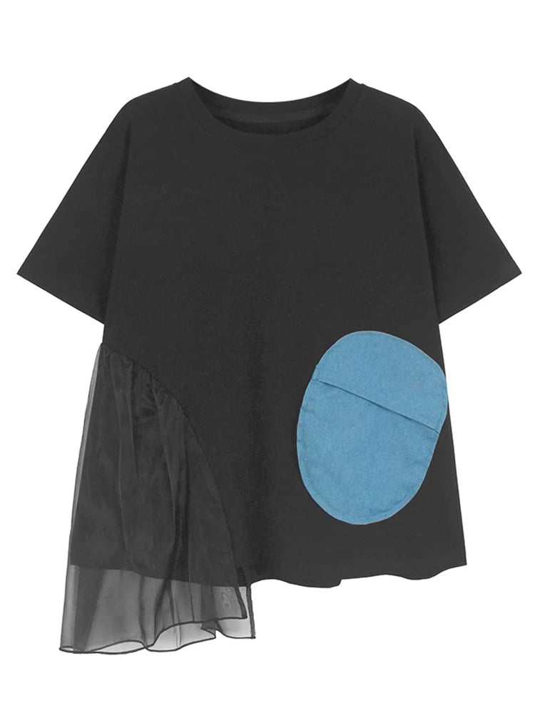XITAO Irregular Patchwork Mesh Pocket T-shirt Casual O-neck Short Sleeve Personality Loose Fitting Summer Women T-shirt GYX1523