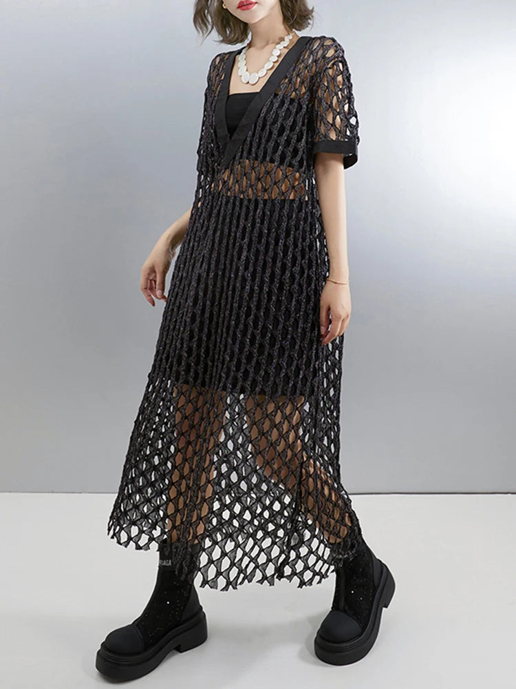 XITAO Hollow Out V-neck Short Sleeve Dress Casual Solid Color A-line Grid Loose Europe Comfortable Summer Women Dress GYX1577