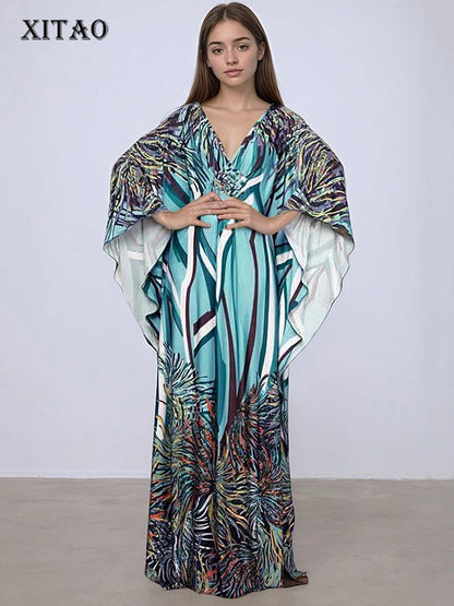 XITAO Print Batwing Sleeve Dress Casual A-line Personality Loose Fitting V-neck Full Sleeve New Summer Female Dress GJ1150