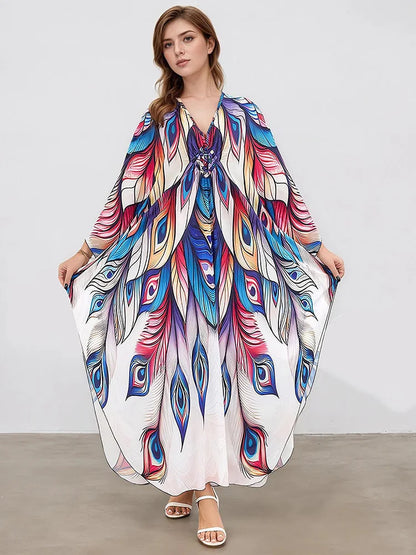 XITAO Bat Wing Sleeve Loose V-neck Dress Peacock Print Pullover Contrast Color Vintage Slimming Summer Woman Dress GJ1156