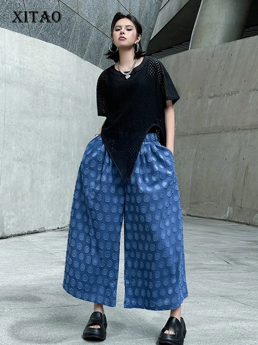 XITAO Dot Patchwork Contrast Color Print Pants Elastic Waist Pocket Loose Casual Match Personality Slimming Women Pants HQQ2515