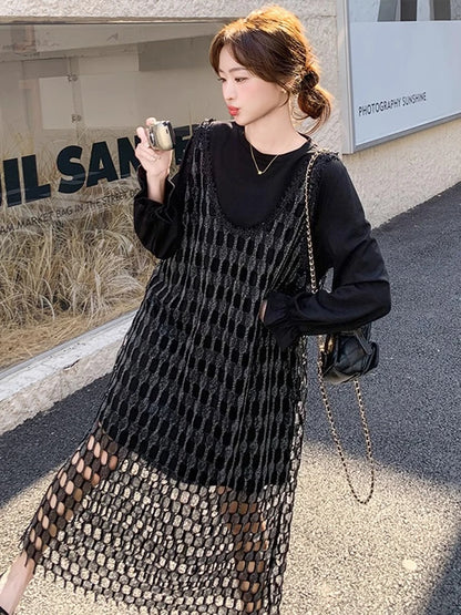 XITAO Hollow Out Full Sleeve Female Dress Casual Loose Fitting Two Pieces O-neck Pullover New Arrival Spring Women Dress ZMY1185