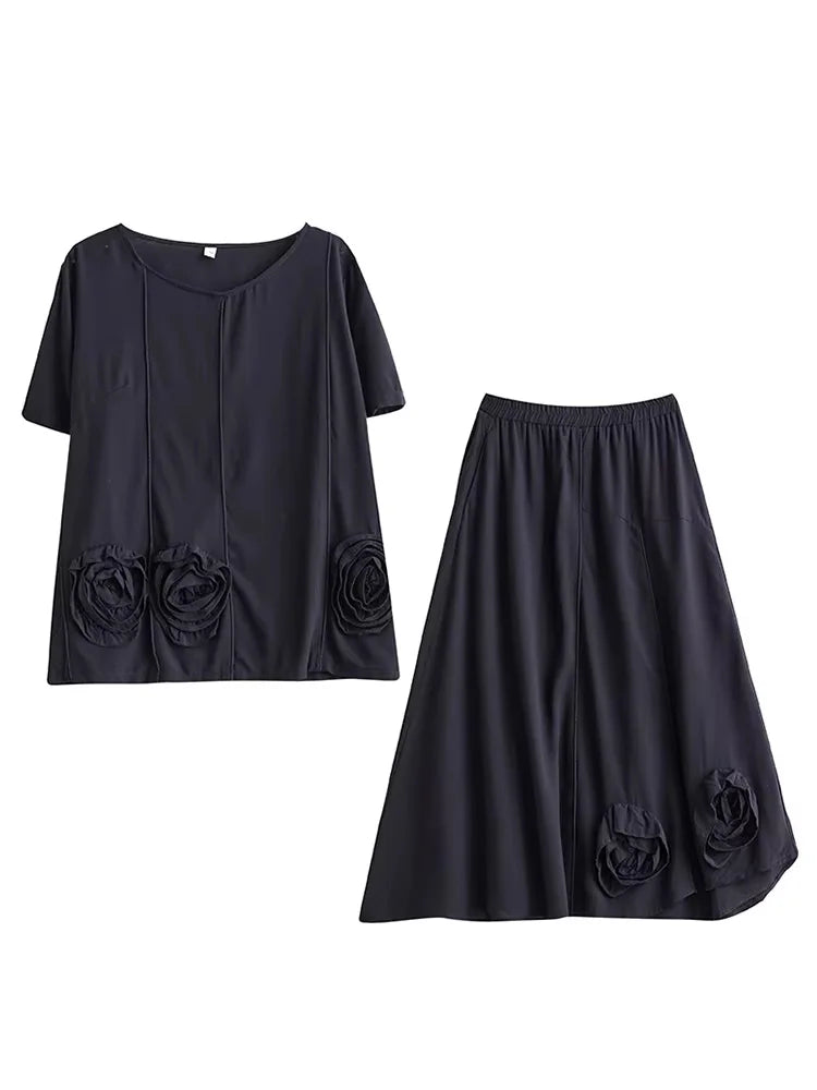 XITAO Casual Three-dimensional Flower Set Personality All-match Top Women Summer Loose Elastic Waist Big Hem Skirt ZMY1140