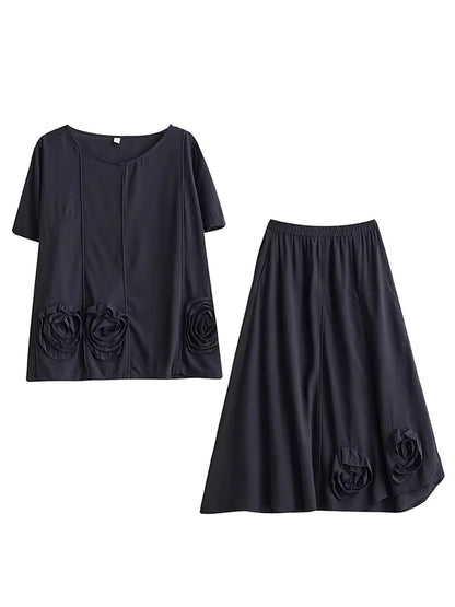 XITAO Casual Three-dimensional Flower Set Personality All-match Top Women Summer Loose Elastic Waist Big Hem Skirt ZMY1140