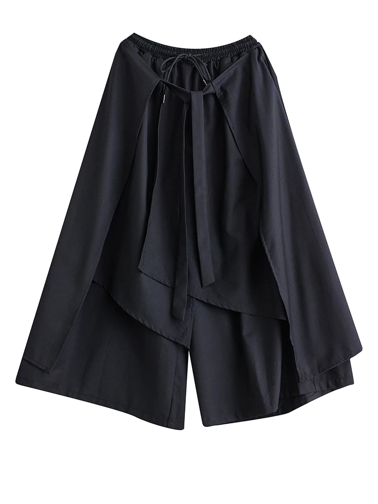 XITAO Asymmetric Wide Leg Lace-up Pant Casual Elastic Waist Fake Two Pieces New Arrival Mid Waist Spring Women Pant GYX1628