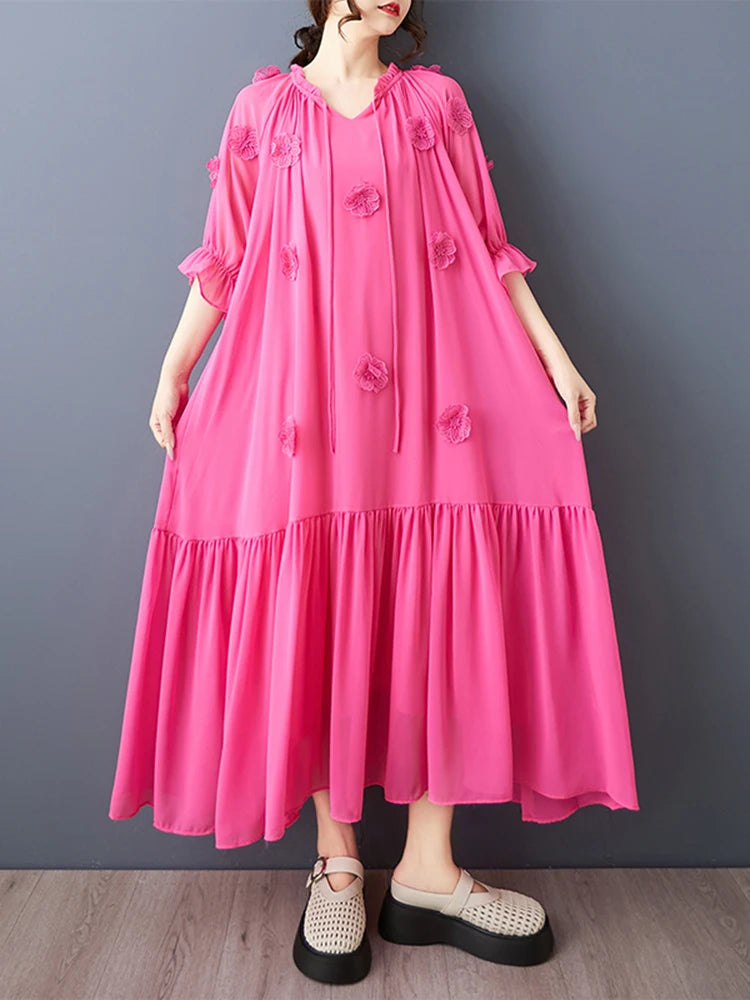 XITAO Three-dimensional Decoration Flower Dress O-neck Bandage Patchwork Solid Color Temperament Slim All Match Dress ZMY1356