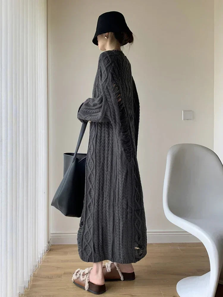 XITAO Hollow Out Loose Knitted Dress Female Comfortable Solid Color Straight O-neck Long Sleeved Pullover Fashion Dress ZZ0118