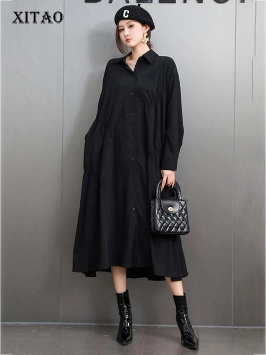 XITAO Pleated Lapel Single Breasted Dress Casual Loose Solid Color Full Sleeve Turn-down Collar Spring Women Dress GYX1582