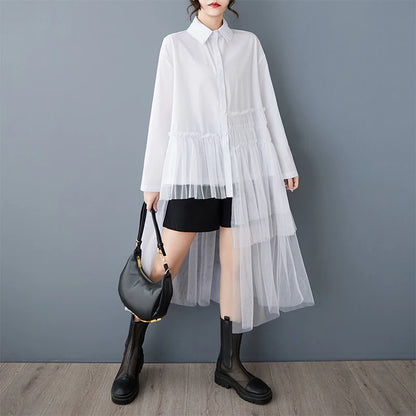 XITAO Irregular Patchwork Mesh Pleated Dress Casual Turn-down Collar Single Breasted Buckle Full Sleeve New Women Dress GYX1509
