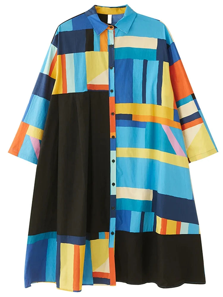 XITAO Contrast Color Shirt Dress Personality Fashion Asymmetrical Pleated Splicing Hem Spring Long Sleeve Women Dress DMJ2358