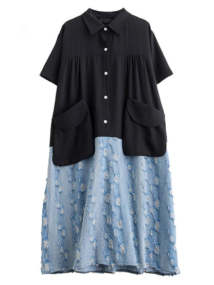 XITAO Contrast Color Patchwork Pocket Female Dress Pullover Turn-down Collar Short Sleeve Casual Loose Slimming Dress ZMY1059