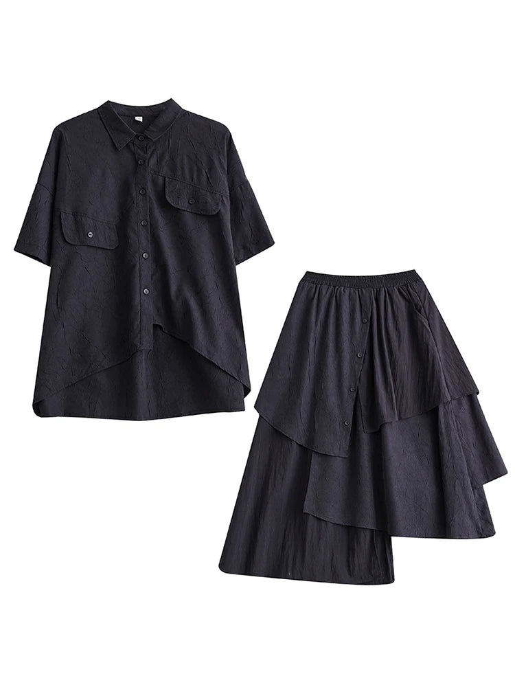 XITAO Irregular Pocket Button Single Breasted Matching Set Casual Loose Fitting Elastic Waist Turn-down Collar Women Set GYX1629