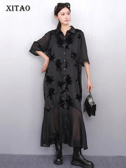 XITAO Patchwork Print Dress Gauze Loose Half Sleeve Elegant Single Breasted Temperament Vintage Summer Woman Dress ZMY1282
