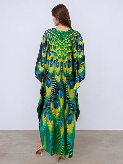 XITAO Batwing Sleeve Print Contrast Color Pullover Dress V-neck Loose New Temperament Ankle-length Women Dress Summer GJ1143