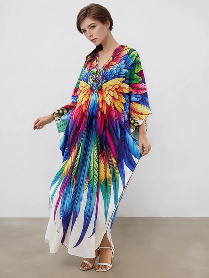 XITAO Feather Print Pullover Loose Dress Bat Wing Sleeve V-neck Vintage Side Slit A-line Casual Summer Woman Trend Dress GJ1176