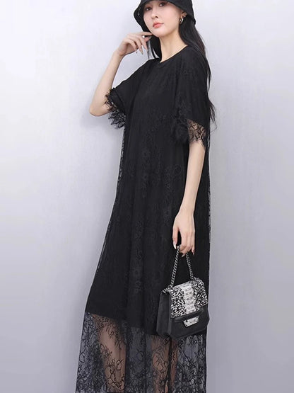 XITAO Lace O-neck Half Sleeve Dress Casual Loose Fitting Elegant Comfortable Slimming Summer Fashion Women Dress ZMY1207