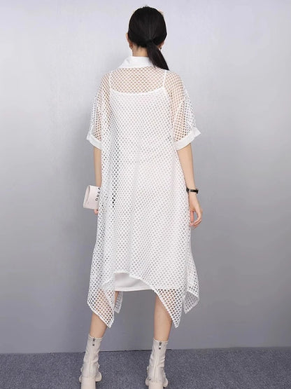 XITAO Asymmetrical Single Breasted Dress Casual A-line Loose Fitting Slimming Hollow Out Half Sleeve Summer Female Dress GYX1662