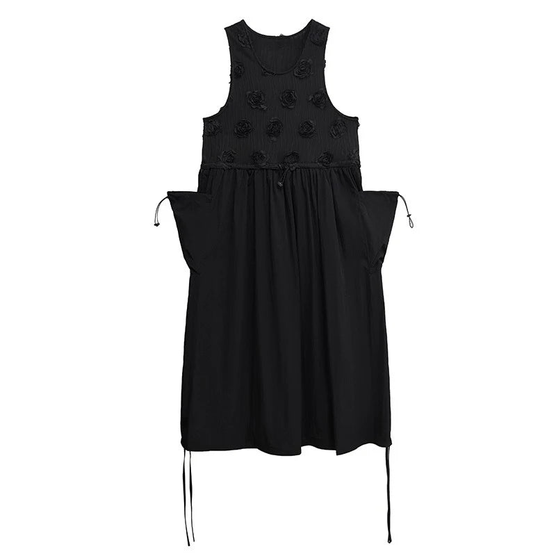 XITAO Loose Flower Patchwork Dress Casual Solid Color Pocket Drawstring Women O-neck Sleeveless Simple Temperament Dress HQQ2468