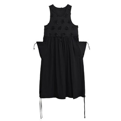 XITAO Loose Flower Patchwork Dress Casual Solid Color Pocket Drawstring Women O-neck Sleeveless Simple Temperament Dress HQQ2468