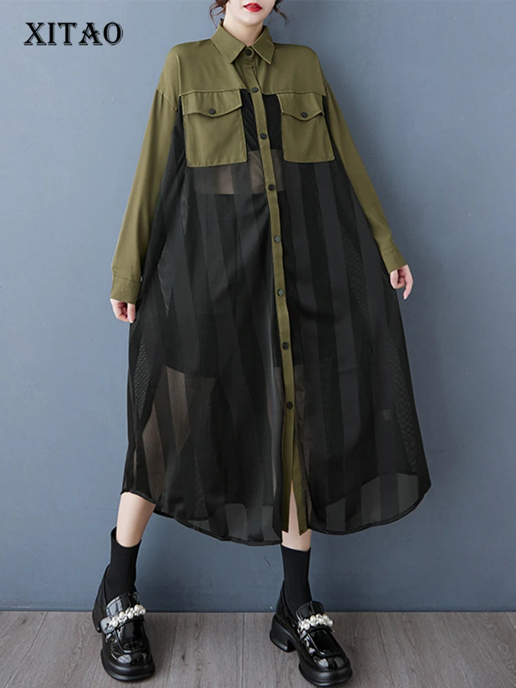 XITAO Patchwork Mesh Full Sleeve Single Breasted Dress Casual Solid Color Temperament A-line Turn-down Collar Dress GYX1567