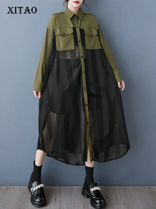 XITAO Patchwork Mesh Full Sleeve Single Breasted Dress Casual Solid Color Temperament A-line Turn-down Collar Dress GYX1567