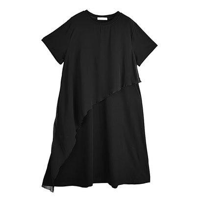 XITAO Asymmetrical Patchwork Pocket Dress Solid Color O-neck Short Sleeve Pullover Loose Fashion Dress 2024 Summer New WLD20154
