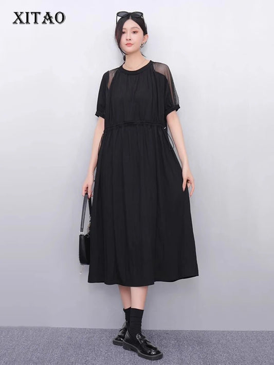 XITAO Gauze Patchwork Draw String Dress O-neck Short Sleeve Solid Color Simple Loose Slimming Summer Woman Dress ZMY1240
