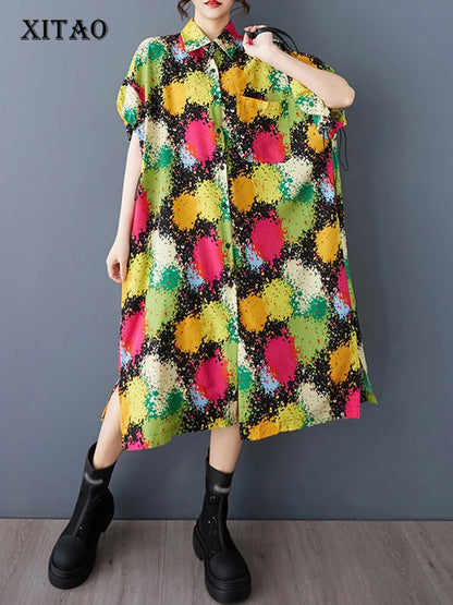 XITAO Print Shirring Pocket Turn-down Collar Dress Women Short Sleeve Loose Casual Temperament Slimming Shirt Dress GYX1616