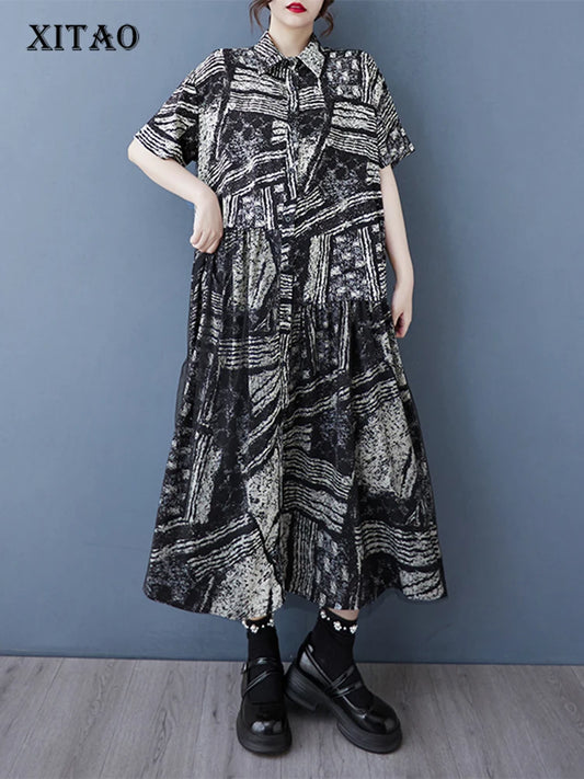 XITAO Gauze Patchwork Print Single Breasted Dress Turn-down Collar Sort Sleeve Pullover Loose Mid-calf Casual Dress ZMY1138