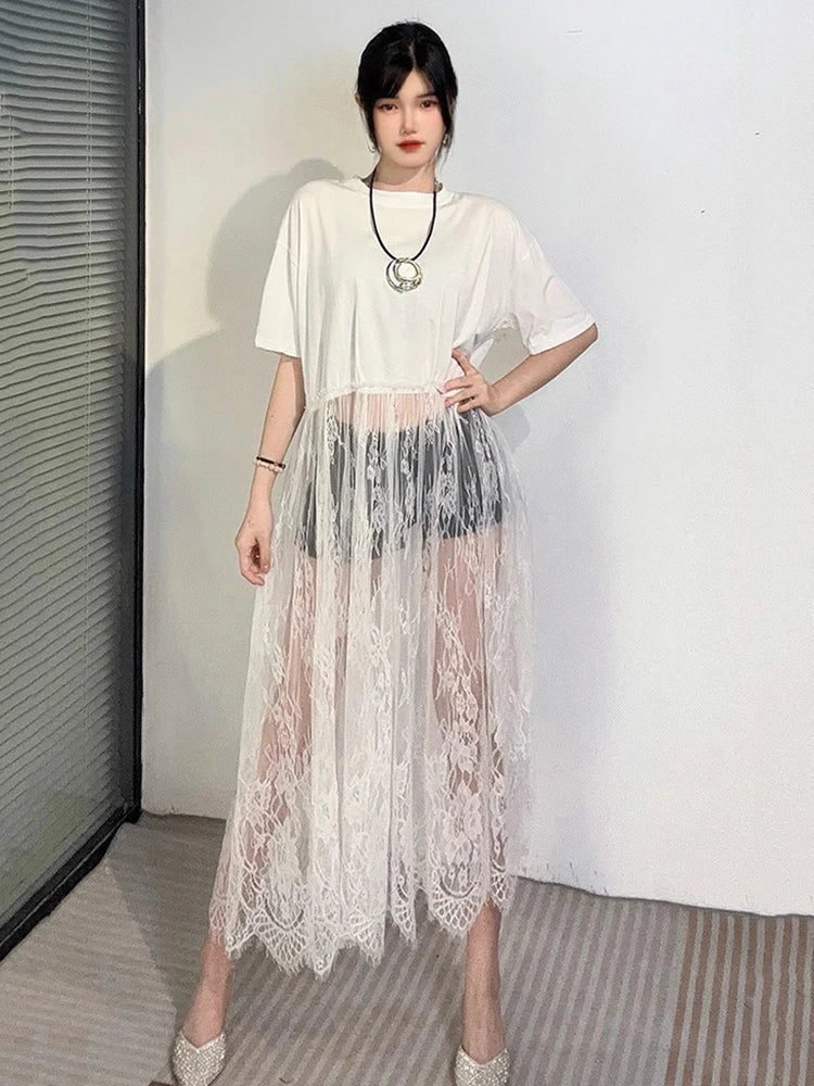 XITAO Patchwork Lace Perspective Pullover Dress Solid Color O-neck Short Sleeve Loose Casual Temperament Women Dress ZMY1245