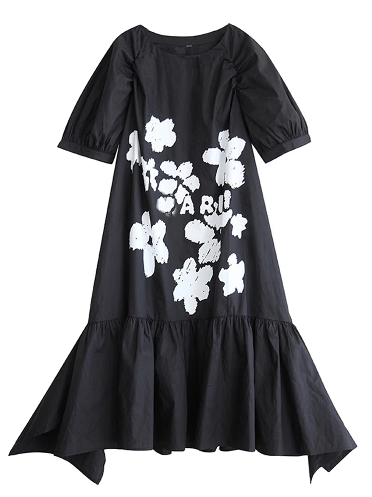XITAO Asymmetrical Patchwork Print Folds Dress O-neck Pullover Short Sleeve Loose A-line Slimming Casual All Match GYX1623