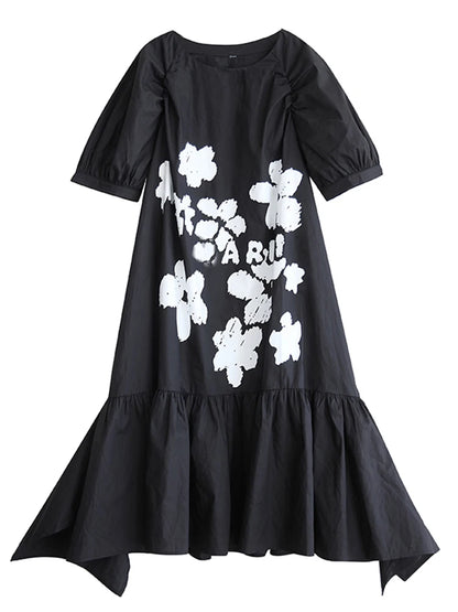 XITAO Asymmetrical Patchwork Print Folds Dress O-neck Pullover Short Sleeve Loose A-line Slimming Casual All Match GYX1623