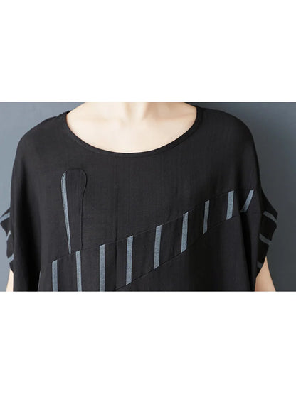 XITAO Irregular Striped Print Sets Patchwork O-neck Short Sleeve Loose Slimming Elastic Waist Two-piece Woman Sets ZMY1318