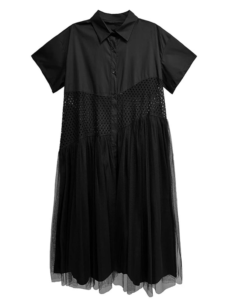XITAO Patchwork Mesh Lapel Hollow Out Dress Casual A-line Short Sleeve Single Breasted Turn-down Collar Female Dress GYX1583