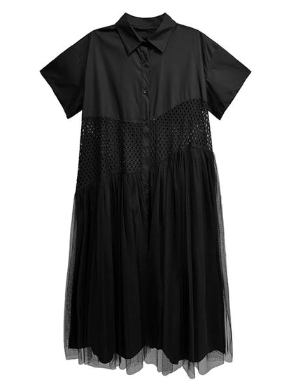 XITAO Patchwork Mesh Lapel Hollow Out Dress Casual A-line Short Sleeve Single Breasted Turn-down Collar Female Dress GYX1583