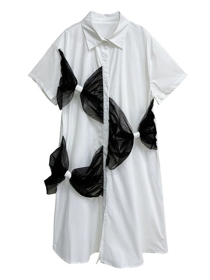 XITAO Patchwork Bow Mesh Female Shirt Dress Casual Simple Single Breasted Women Loose A-line Personality Street Dress HQQ2443