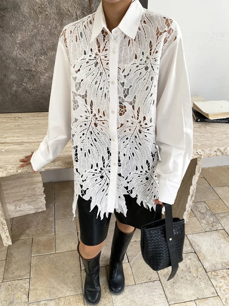 XITAO Irregular Patchwork Hollow Out Shirt Loose Asymmetric Long Sleeve Turn-down Collar Women Slimming Temperament Top GYX1613