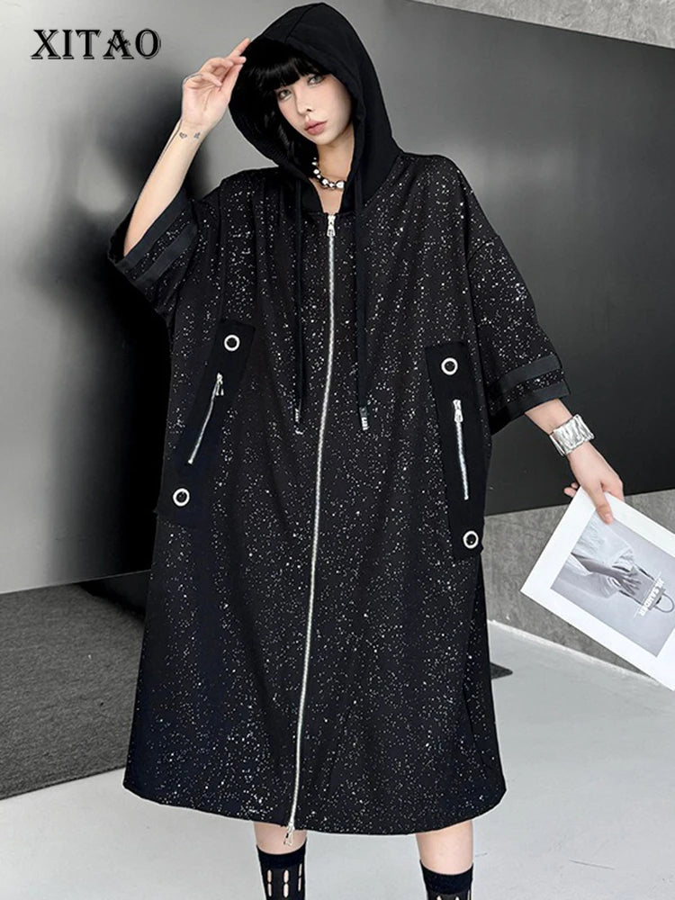 XITAO Zipper Hooded Drawstring Coat Casual Loose Fitting Slimming New Arrival V-neck Personality Spring Female Trench ZMY1049