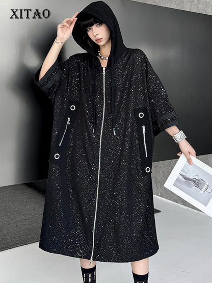 XITAO Zipper Hooded Drawstring Coat Casual Loose Fitting Slimming New Arrival V-neck Personality Spring Female Trench ZMY1049