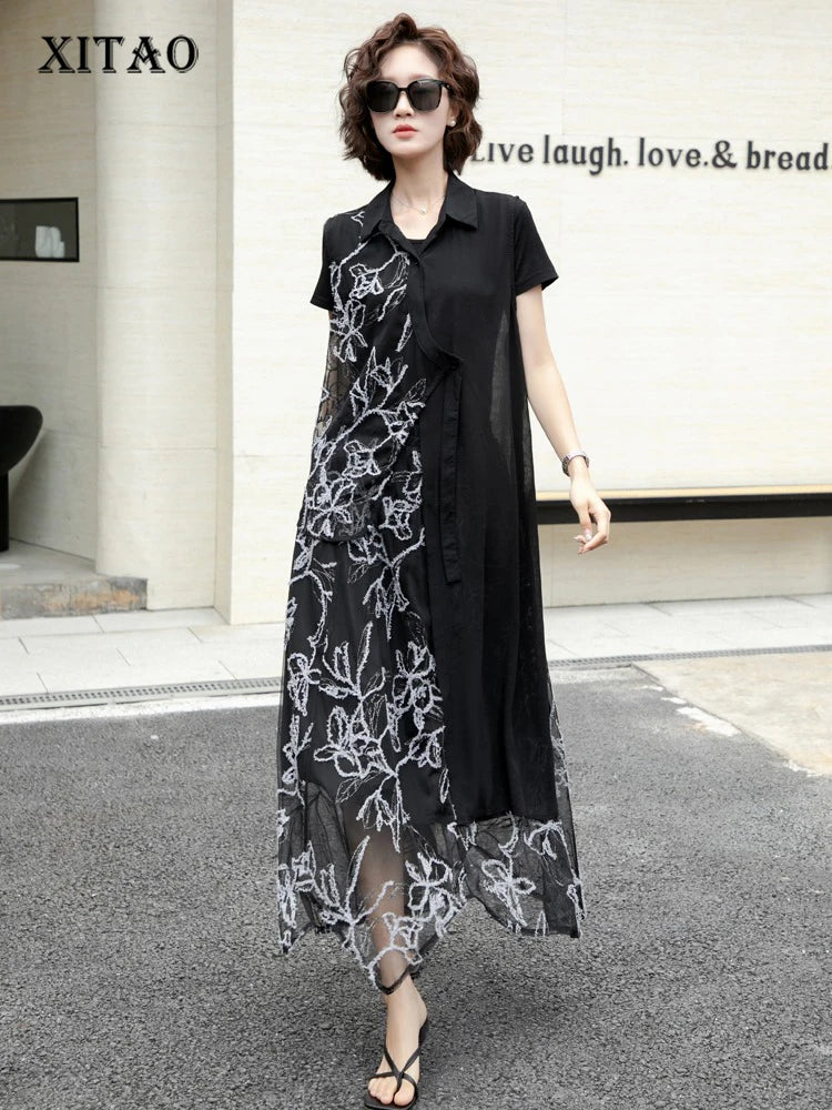 XITAO Asymmetrical Pocket Embroidery Sets Two-piece Turn-down Collar Short Sleeve Gauze Loose Elastic Waist Woman Sets ZMY1291