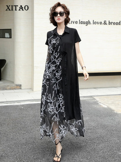 XITAO Asymmetrical Pocket Embroidery Sets Two-piece Turn-down Collar Short Sleeve Gauze Loose Elastic Waist Woman Sets ZMY1291