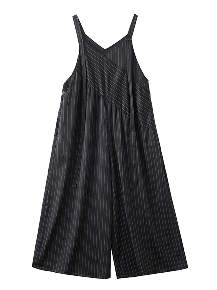 XITAO Loose Striped Jumpsuits All-match Temperament Slimming Women Irregular Patchwork Sleeveless V-neck Jumpsuits HQQ2499