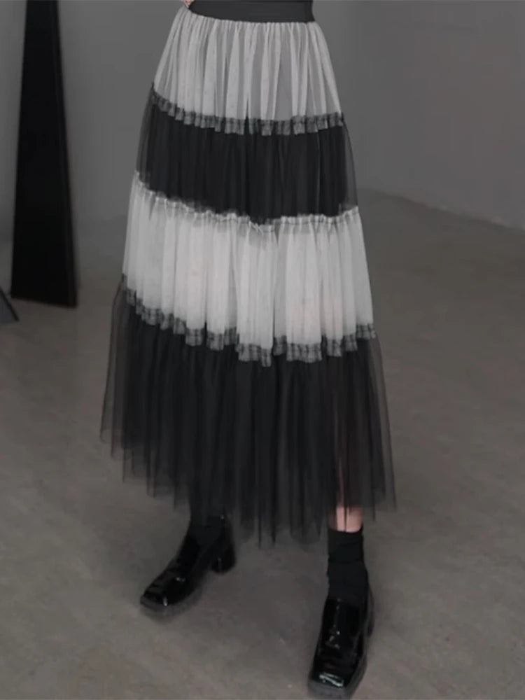 XITAO Patchwork Mesh A-line Skirt Casual Loose Fitting New Arrival Elastic Waist Fashion Personality Summer Women Skirt ZMY1143