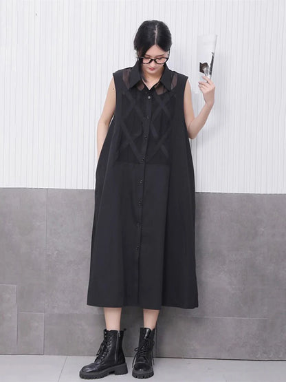 XITAO Mesh Perspective Sleeveless Dress Single Breasted Patchwork Turn-down Collar Loose Mid-calf A-line Casual Dress GYX1528