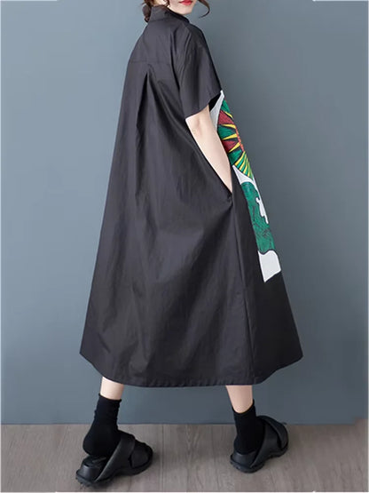 XITAO Patchwork Print Cartoon Dress Casual Turn-down Collar Loose Fitting New Single Breasted Summer Female Dress GYX1552
