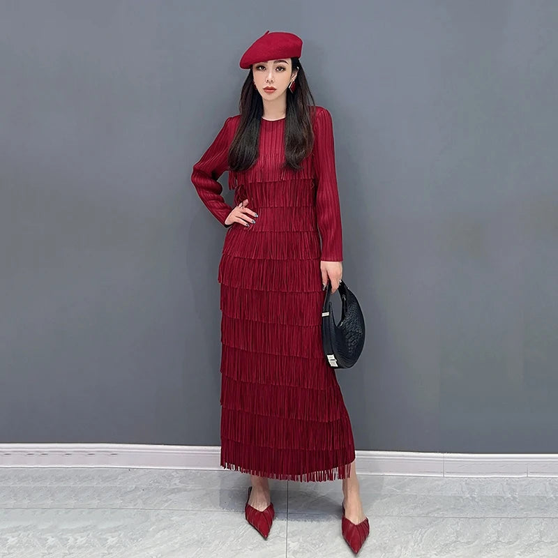 XITAO Elegant Tassel Female Dress Solid Color Casual O-Collar Full Sleeve Temperament Loose Spring Fashion Women Dress LYD1608
