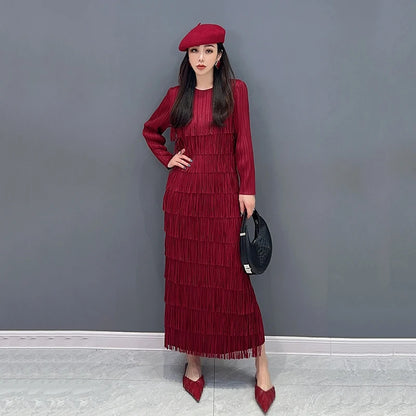 XITAO Elegant Tassel Female Dress Solid Color Casual O-Collar Full Sleeve Temperament Loose Spring Fashion Women Dress LYD1608