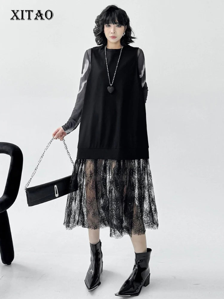 XITAO Mesh Patchwork O-neck Female Dress Simple Temperament Sleeveless Women Summer Fashion Solid Color Slimming Dress ZMY1165