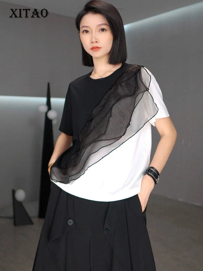 XITAO Gauze Patchwork Contrast Color T-Shirt O-neck Short Sleeve Loose All-match Personality Summer Woman T-shirt ZMY1265