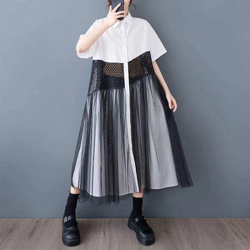 XITAO Patchwork Mesh Single Breasted Dress Casual Solid Color A-line Sweet Short Sleeve Turn-down Collar Female Dress GYX1566